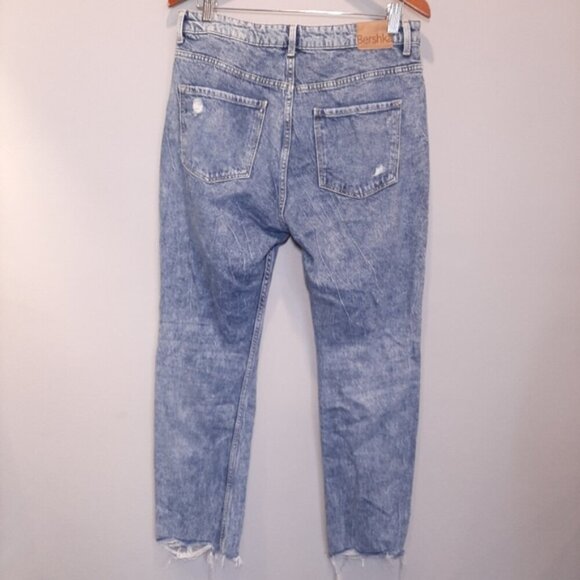 Bershka Emma Distressed Stonewash Jeans High Rise Slim Straight Ankle Denim - Picture 9 of 14